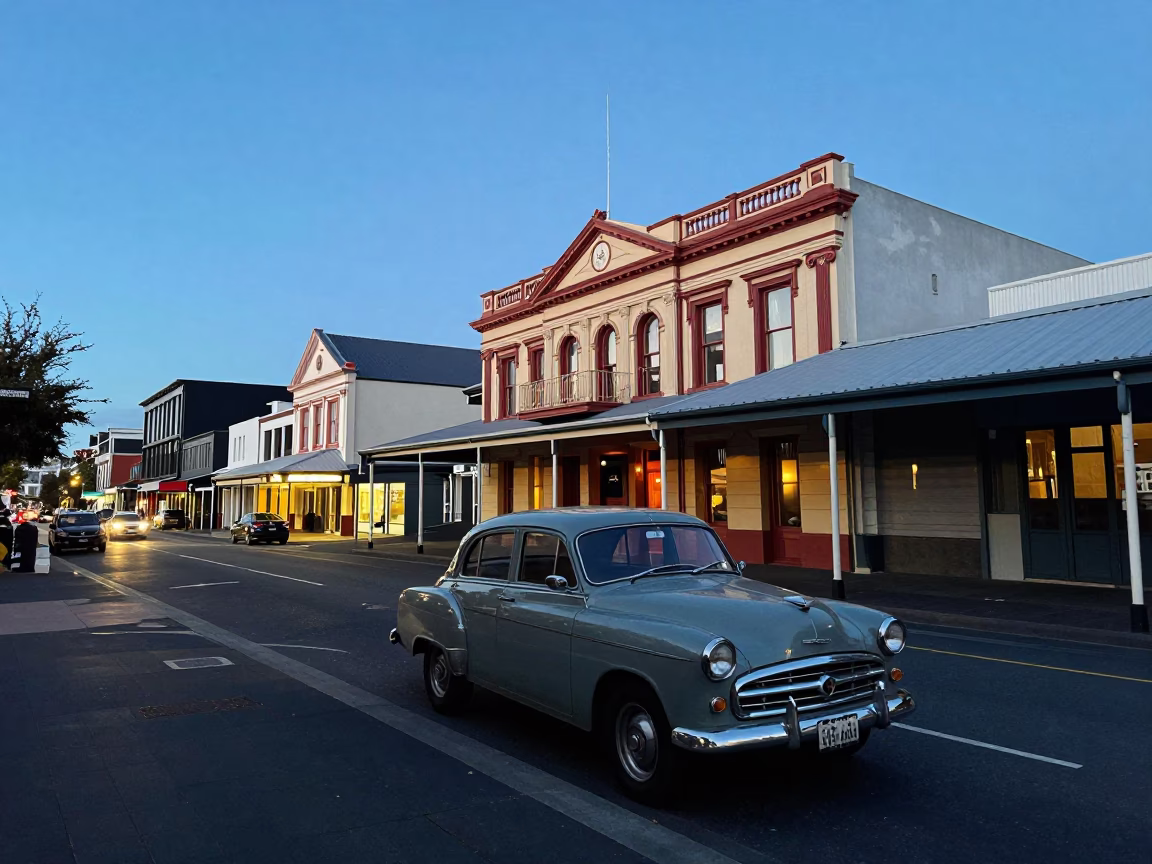 Christchurch New Zealand Blue Hour Street Scene with Vintage Car and City Lights in in Christchurch, New Zealand
