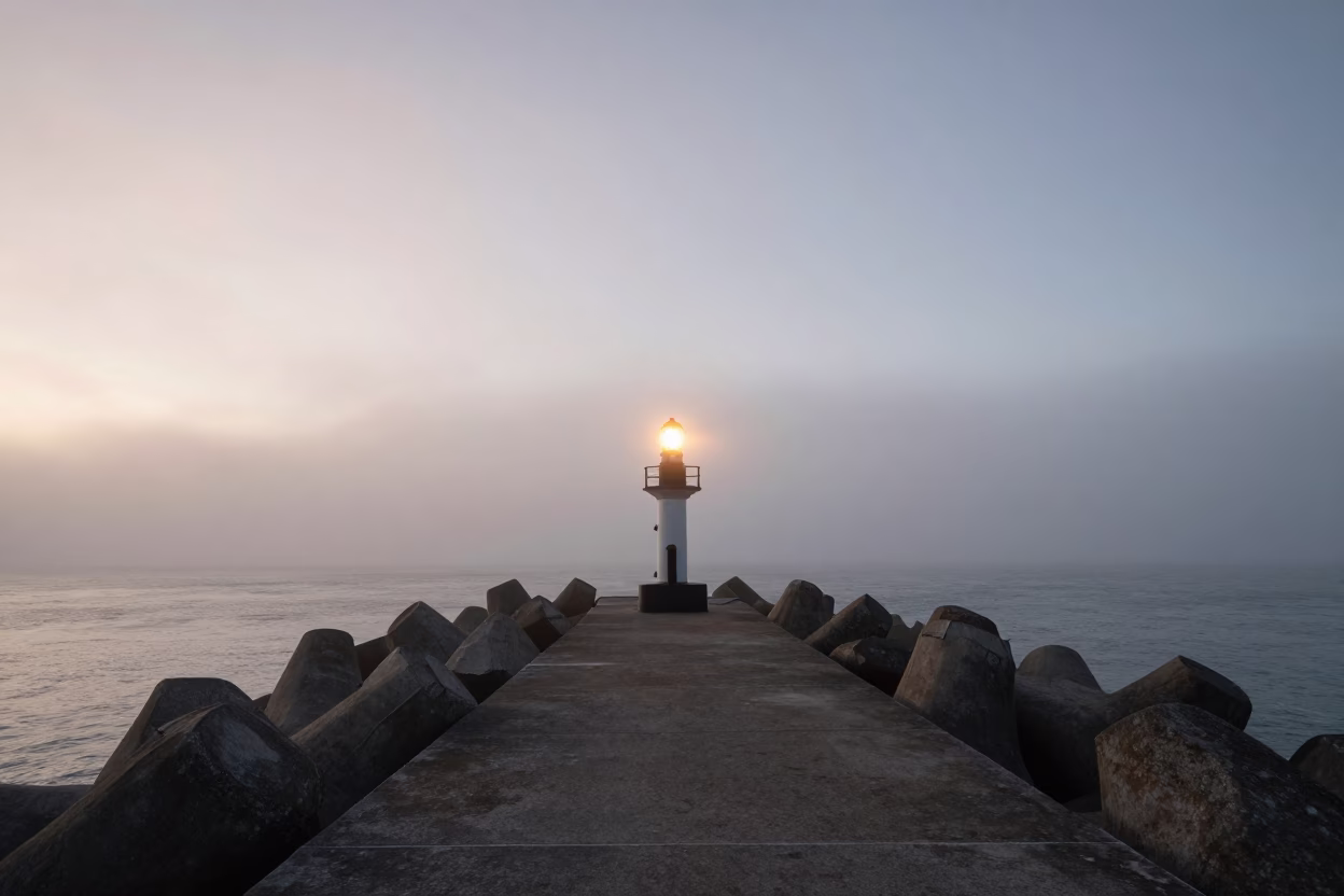 Christchurch New Zealand Breakwater Beacon Blinking Through Sea Mist at Nautical Dawn in in Christchurch, New Zealand