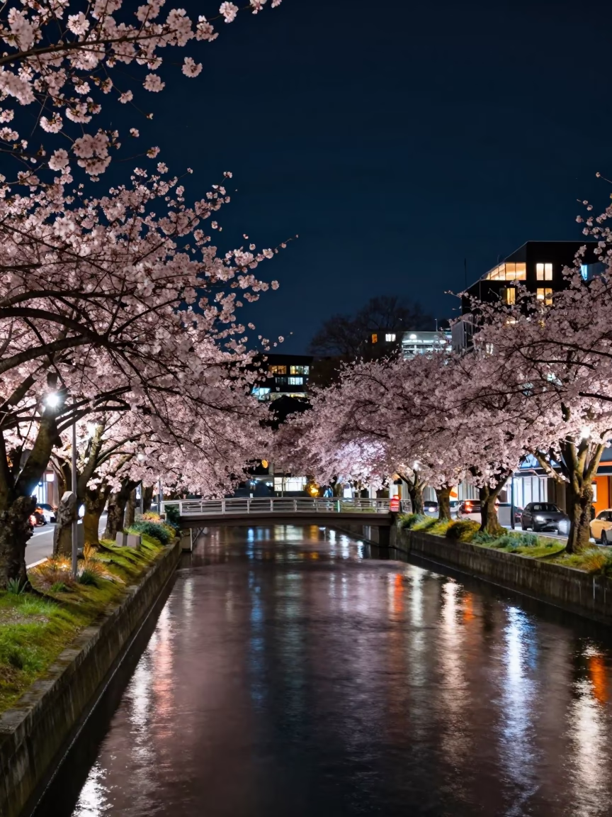 Christchurch New Zealand Canal at Night with Cherry Trees and Urban Reflections in in Christchurch, New Zealand