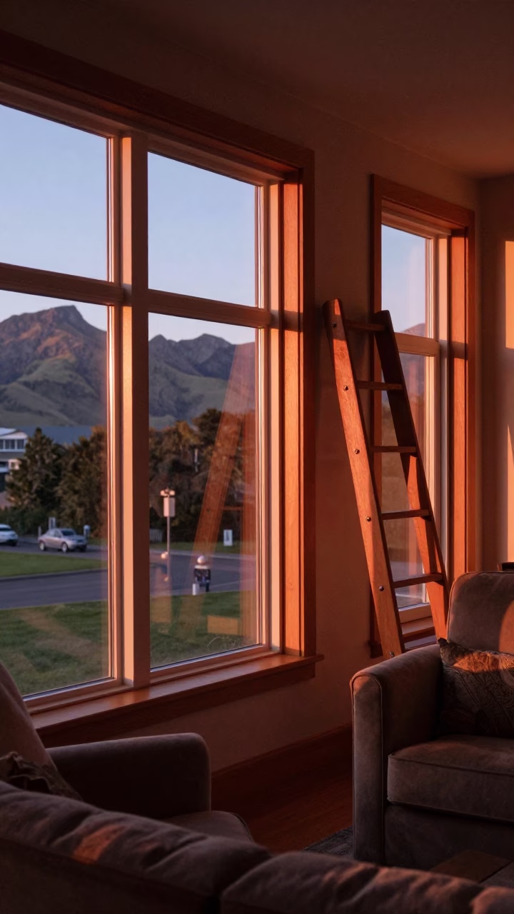 Christchurch New Zealand Copper Dusk Interior with Wooden Ladder and Armchairs in in Christchurch, New Zealand