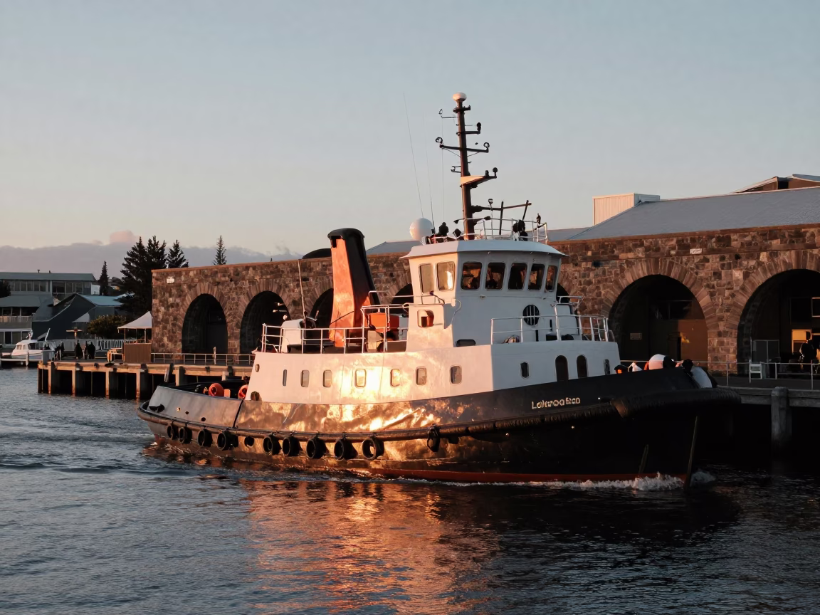 Christchurch New Zealand Copper Light Before Dusk Tugboat Harbor Scene in in Christchurch, New Zealand