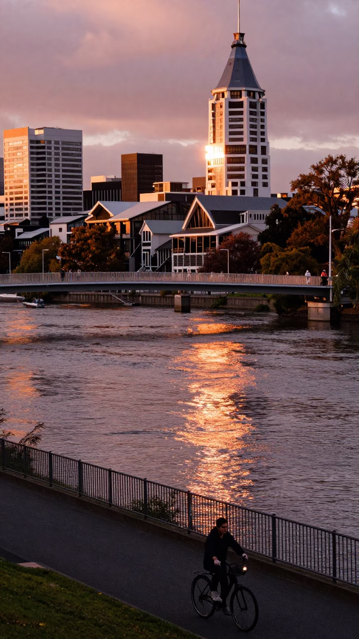 Christchurch New Zealand Copper Toned Light Before Dusk Riverfront Scene in in Christchurch, New Zealand