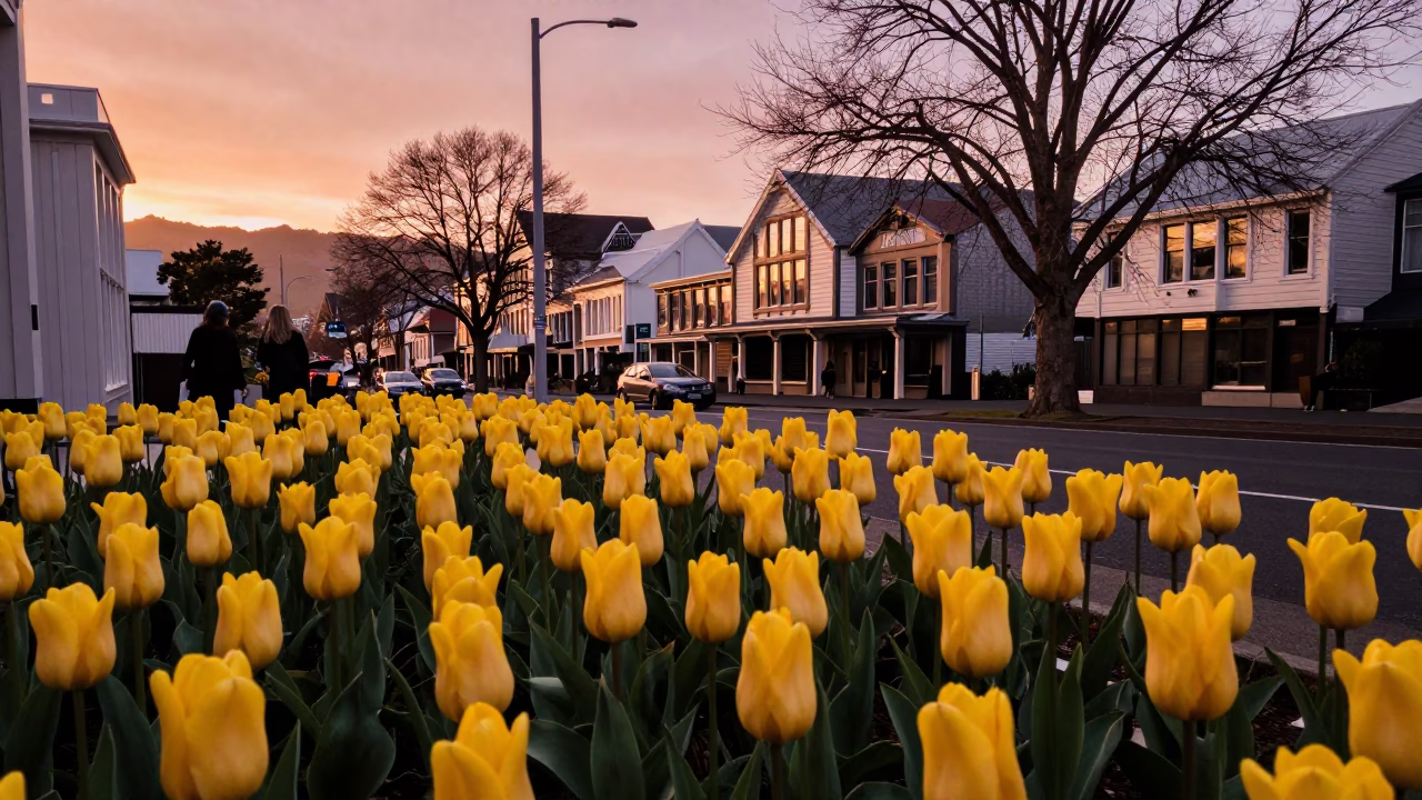 Christchurch New Zealand Copper Toned Light Before Dusk with Tulips and Eucalyptus Grove in in Christchurch, New Zealand