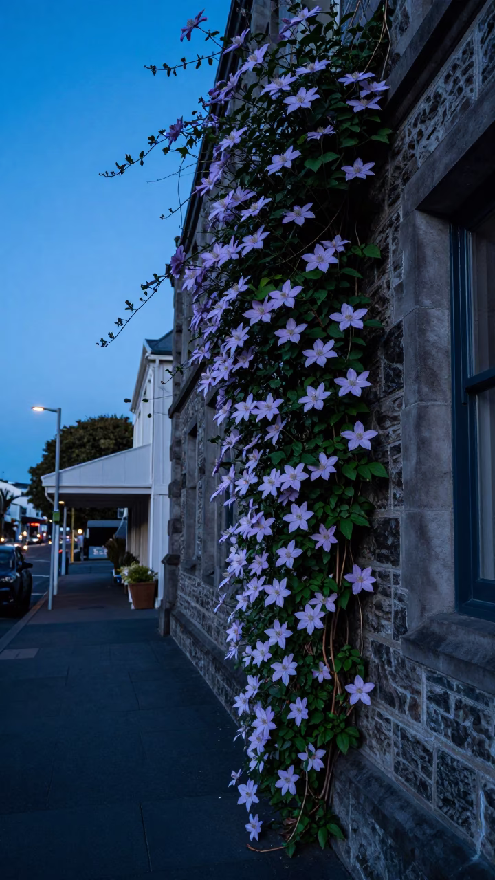 Christchurch New Zealand Dawn Street Scene with Clematis Vine and Stone Wall in in Christchurch, New Zealand