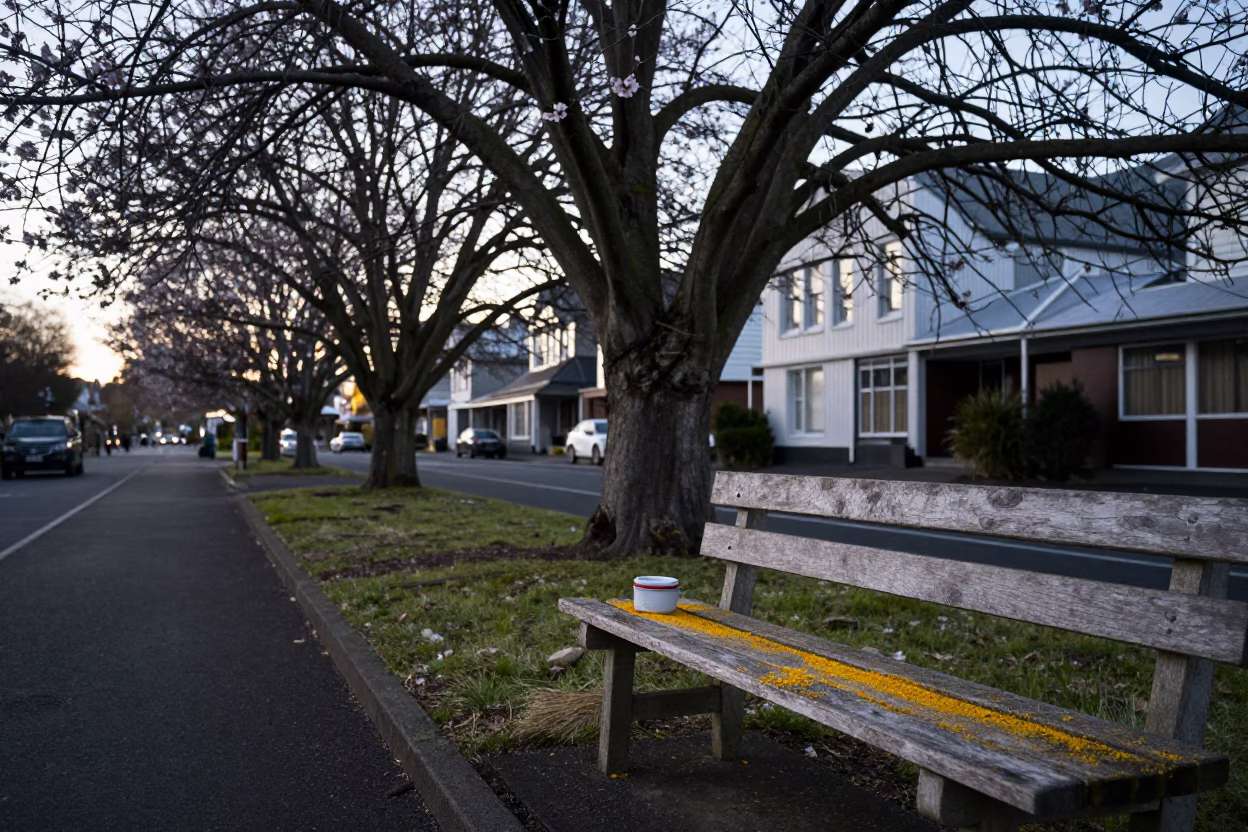 Christchurch New Zealand Dawn Street Scene with Tea Tin and Pollen on Bench in in Christchurch, New Zealand