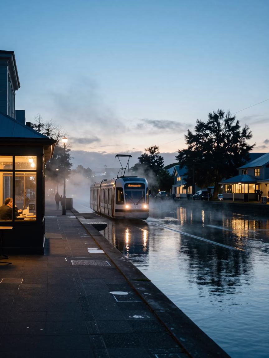 Christchurch New Zealand Dawn Street Scene with Tram and River Reflections in in Christchurch, New Zealand
