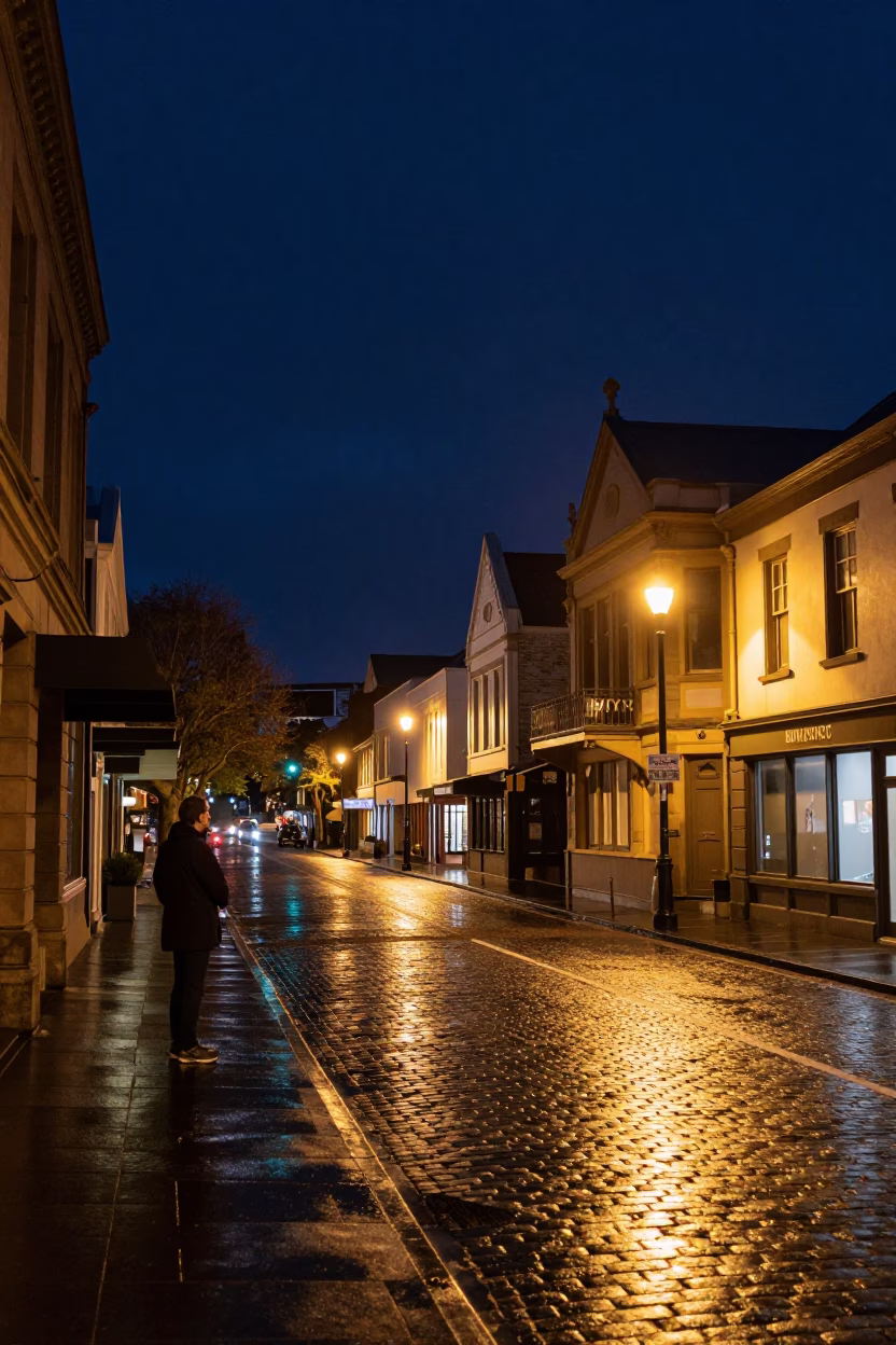 Christchurch New Zealand Deep Night Street Scene with Local Architectural Details and Urban Life in in Christchurch, New Zealand