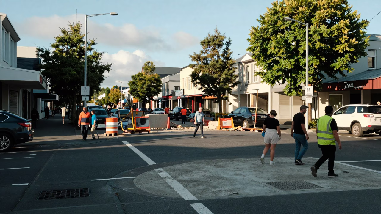 Christchurch New Zealand Early Afternoon Street Scene with Construction and Greenery in in Christchurch, New Zealand