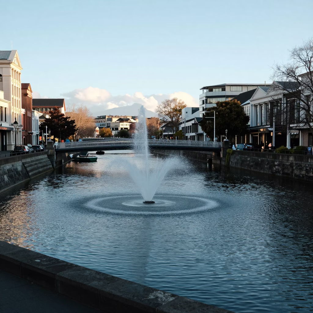 Christchurch New Zealand early afternoon street scene with fountain spray and historic architecture in in Christchurch, New Zealand