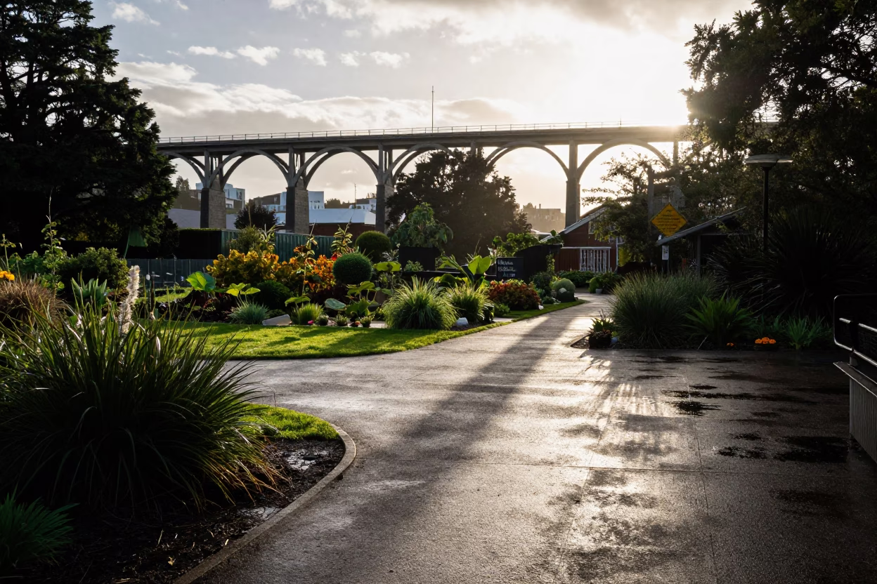 Christchurch New Zealand Early Afternoon Viaduct Shadow Over Rain-Wet Allotment Gardens in in Christchurch, New Zealand