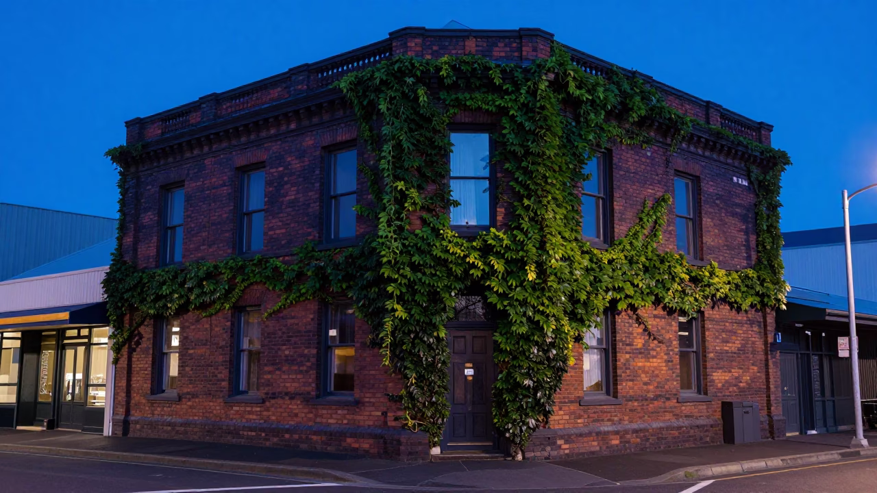 Christchurch New Zealand Evening Blue Hour Street Scene with Ivy Vines in in Christchurch, New Zealand
