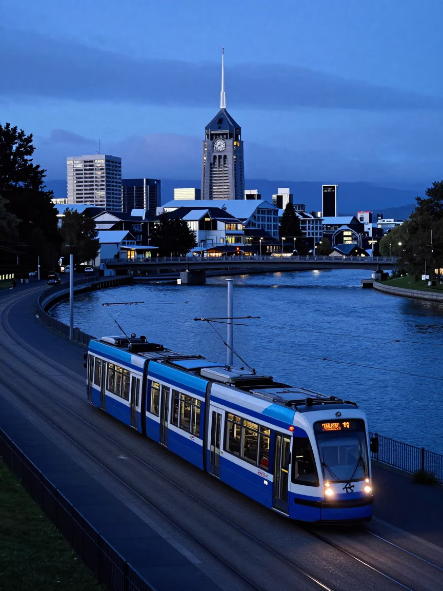 Christchurch New Zealand Evening Blue Hour Tram and River View in in Christchurch, New Zealand