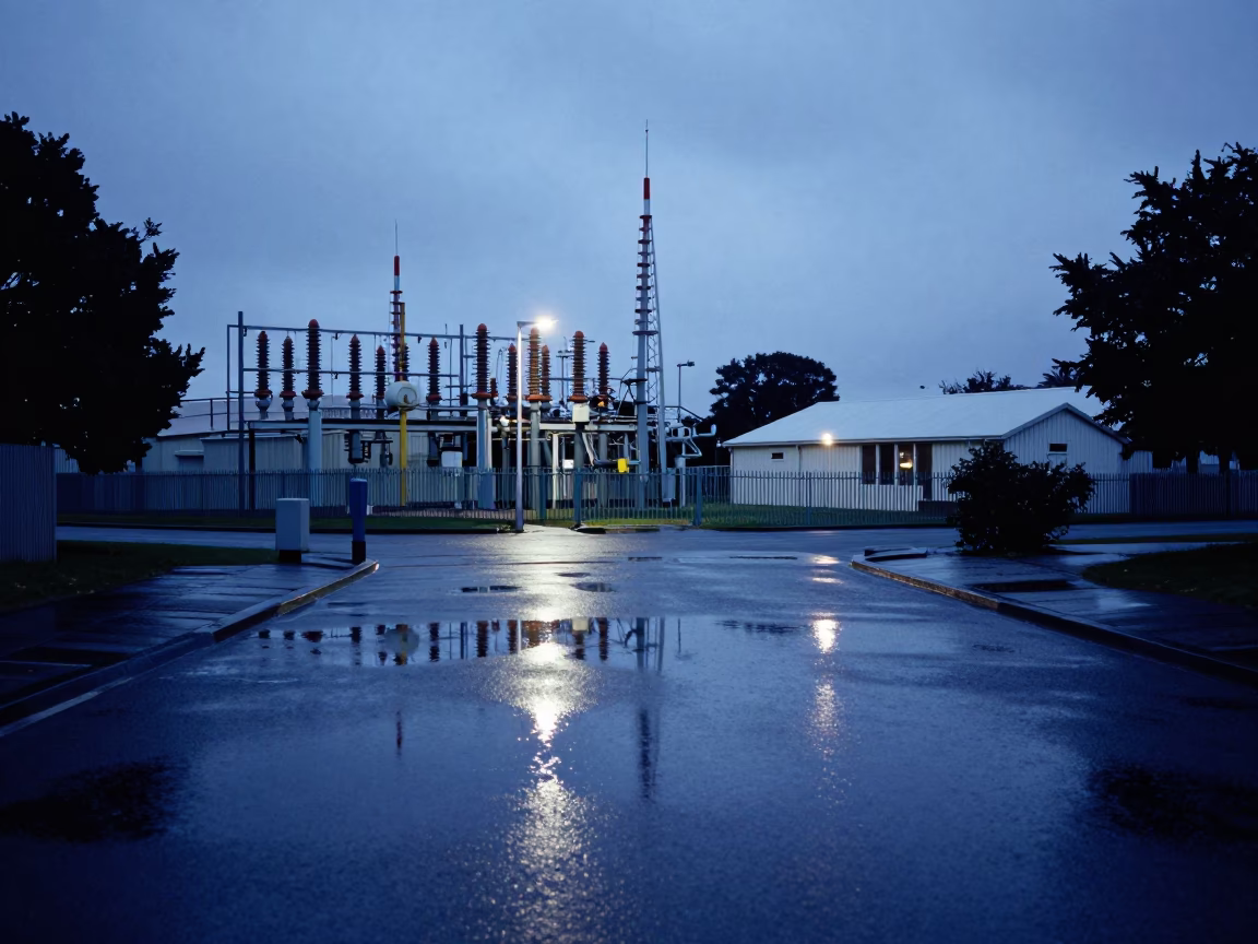 Christchurch New Zealand Evening Dusk Substation Puddle Reflections and Rain in in Christchurch, New Zealand