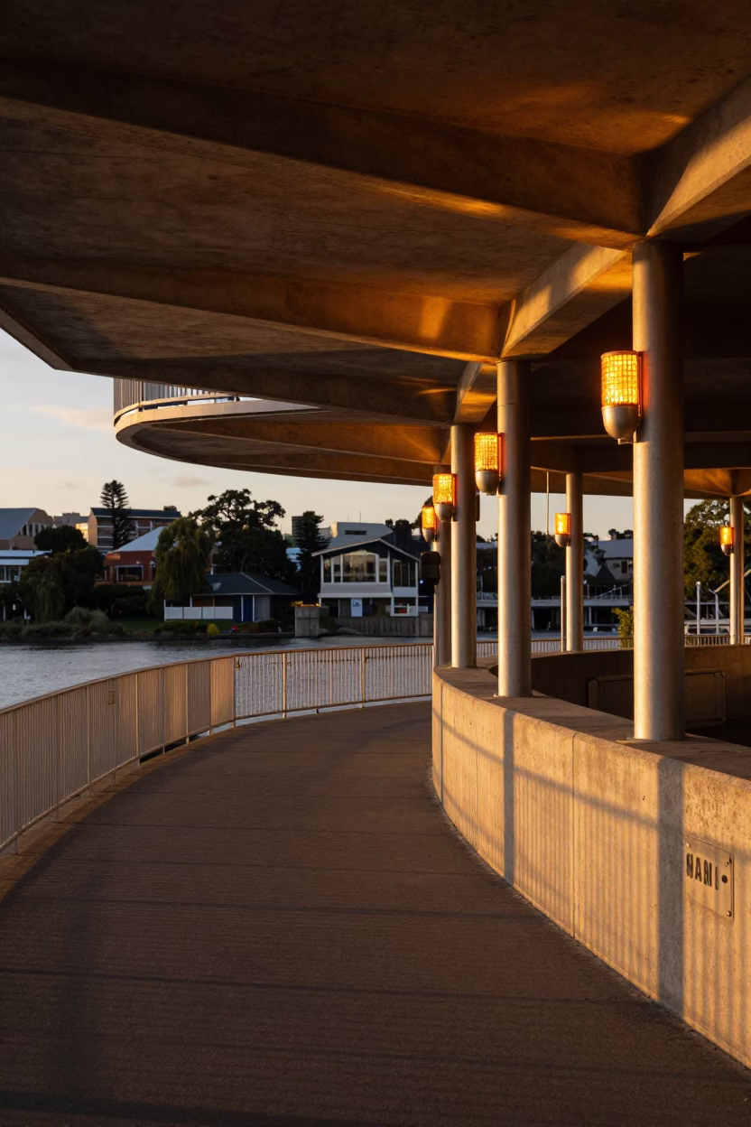 Christchurch New Zealand Evening Light Dam Observation Deck Rotating Amber Beacons in in Christchurch, New Zealand