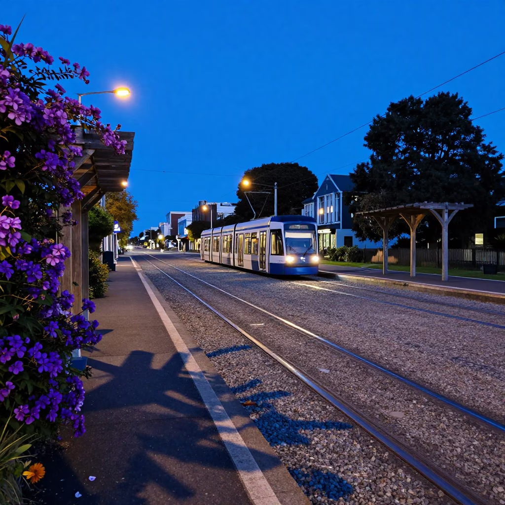 Christchurch New Zealand Evening Light on Tram Line and Purple Clematis Pergola in in Christchurch, New Zealand