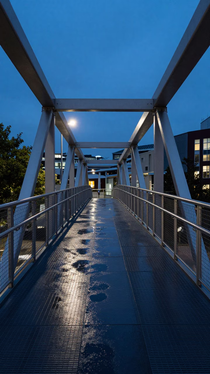Christchurch New Zealand evening pedestrian overpass with wet metal and city lights in in Christchurch, New Zealand