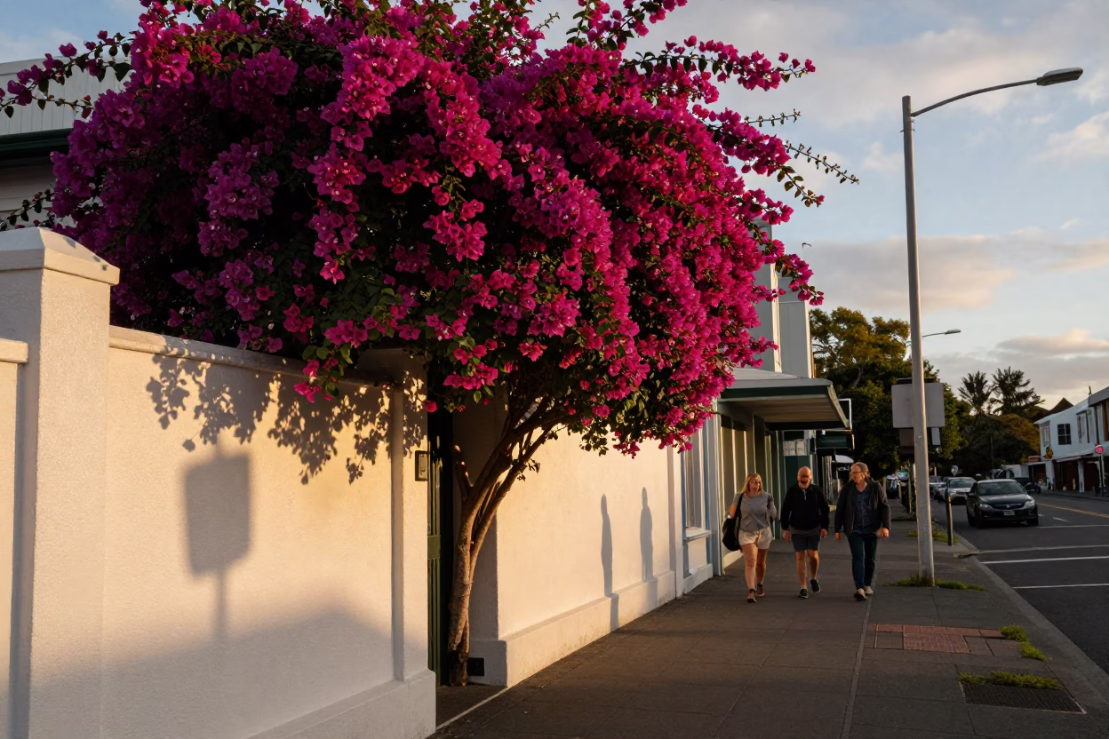 Christchurch New Zealand Evening Street Scene with Bougainvillea and Local Life in in Christchurch, New Zealand