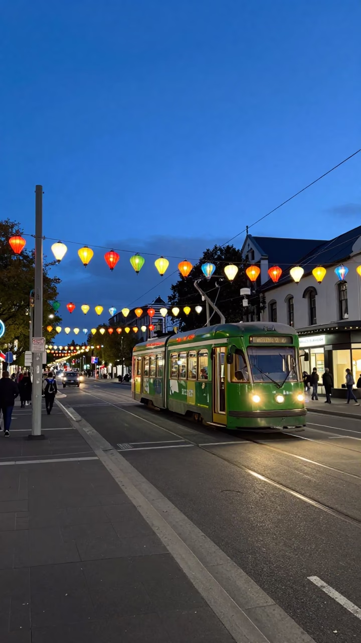 Christchurch New Zealand evening street scene with colorful lanterns and tram in in Christchurch, New Zealand