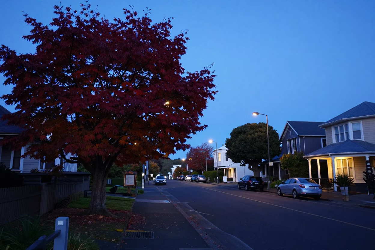 Christchurch New Zealand Evening Street Scene with Japanese Maple and Vintage Car in in Christchurch, New Zealand