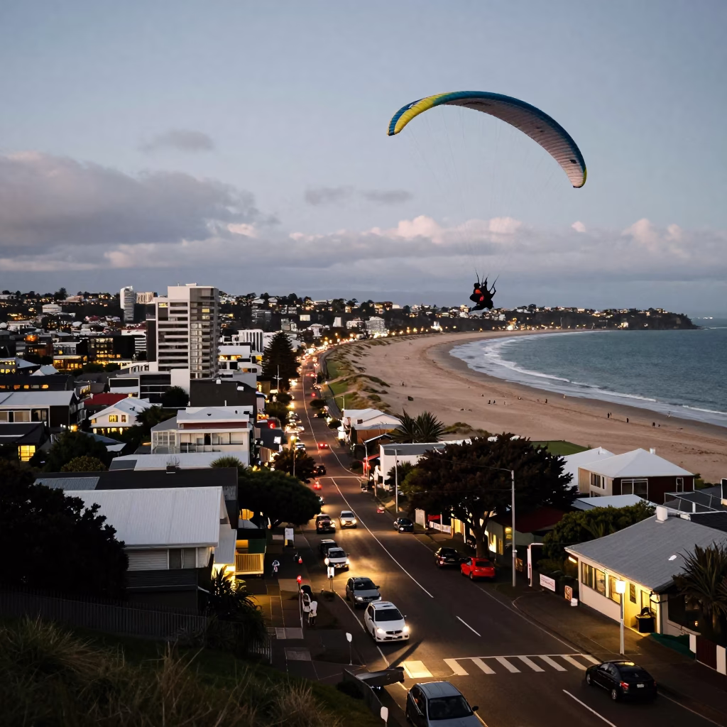 Christchurch New Zealand Evening Street Scene with Paramotor Over Coastal Sand Dune at Dusk in in Christchurch, New Zealand