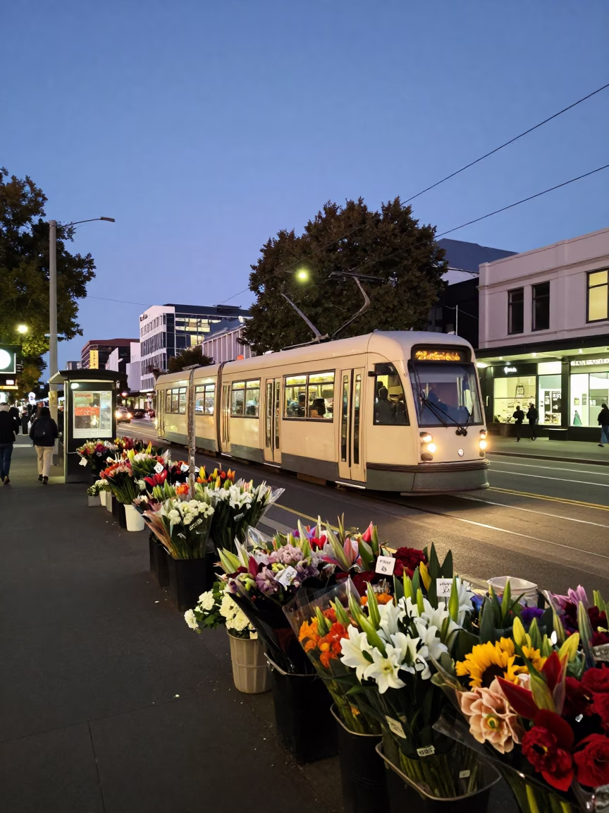 Christchurch New Zealand evening street scene with tram and flower market stalls in in Christchurch, New Zealand