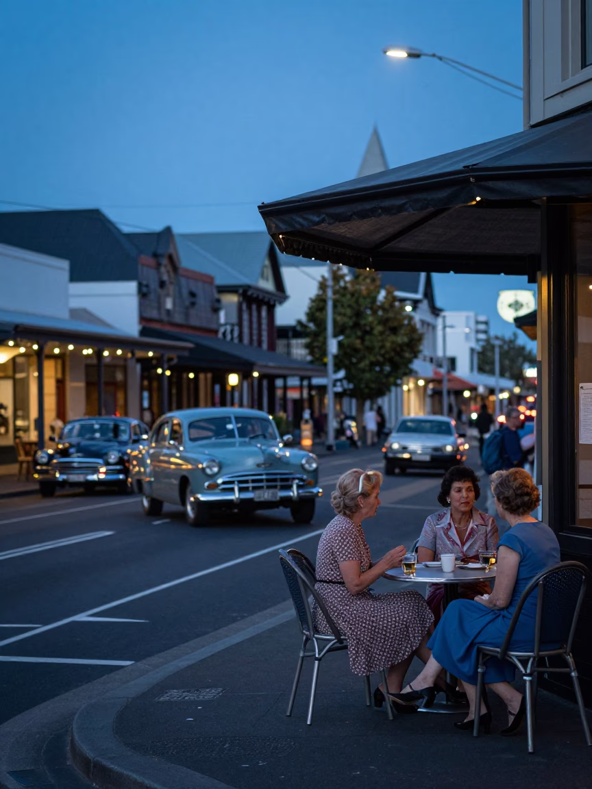 Christchurch New Zealand Evening Street Scene with Vintage Cars and Local Diners in in Christchurch, New Zealand