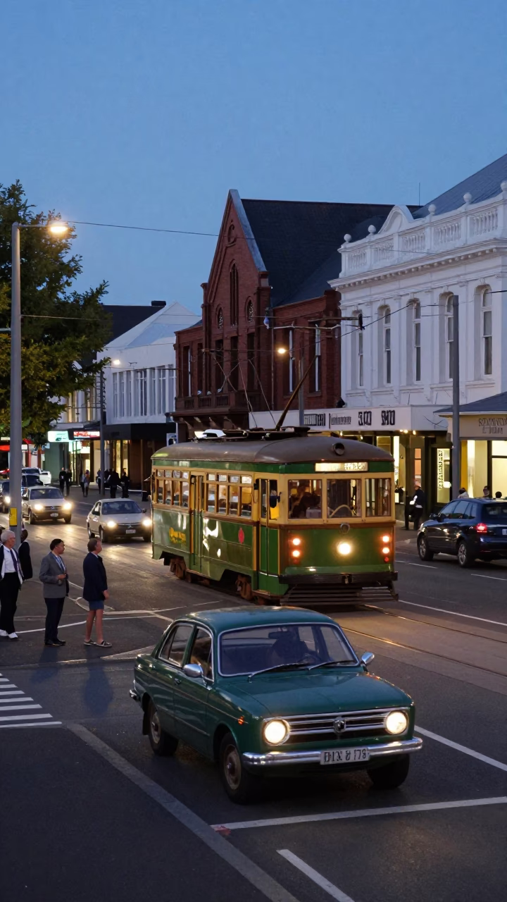 Christchurch New Zealand Evening Street Scene with Vintage Cars and Tram in in Christchurch, New Zealand