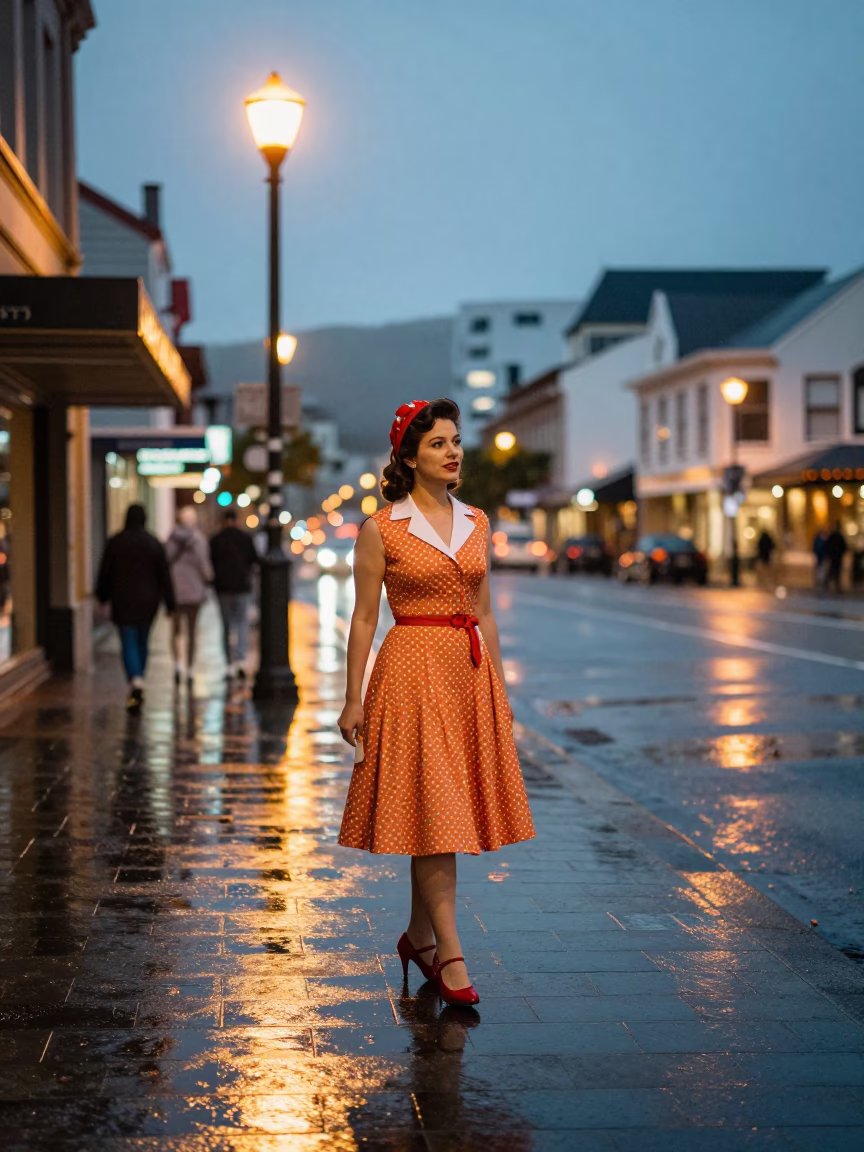 Christchurch New Zealand Evening Street Scene with Vintage Fashion and Urban Details in in Christchurch, New Zealand