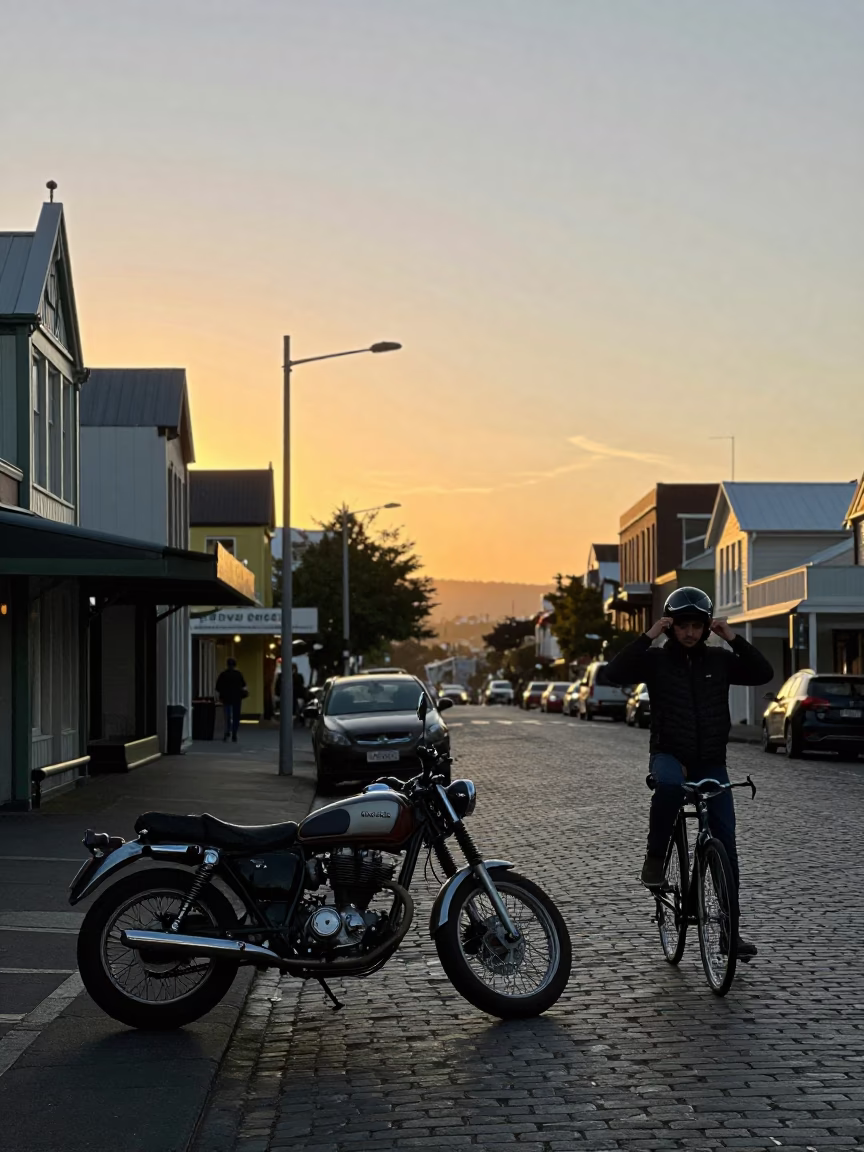 Christchurch New Zealand Evening Street Scene with Vintage Motorcycle and Local Details in in Christchurch, New Zealand