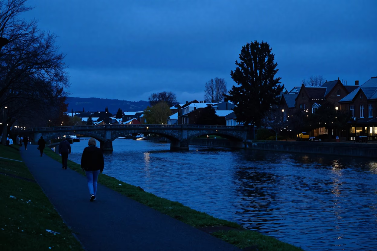 Christchurch New Zealand Evening Stroll Along the Avon River Under Twilight Sky in in Christchurch, New Zealand