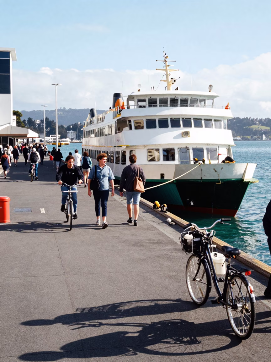 Christchurch New Zealand Ferry Dock Midmorning Scene with Bicycles and Passengers in in Christchurch, New Zealand