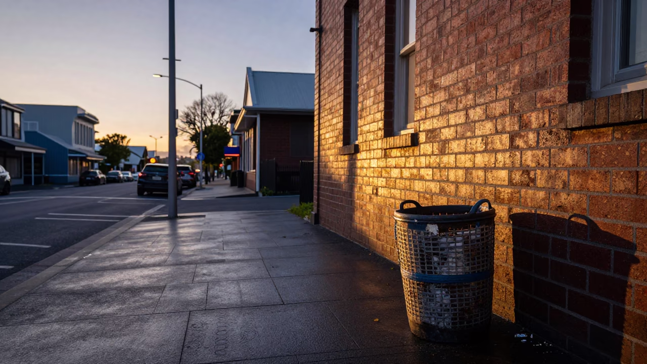 Christchurch New Zealand First Light Dawn Street Scene with Scrap Basket in in Christchurch, New Zealand