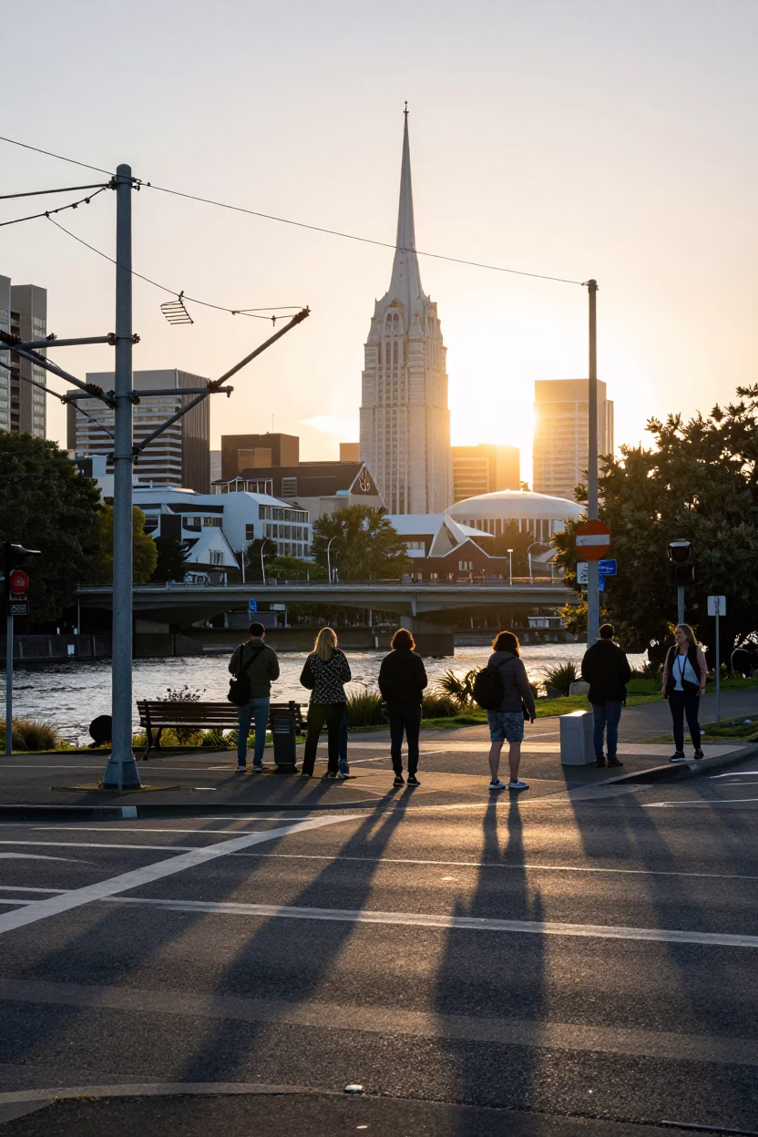 Christchurch New Zealand First Light Street Scene with Substation Busbars and Morning Commuters in in Christchurch, New Zealand