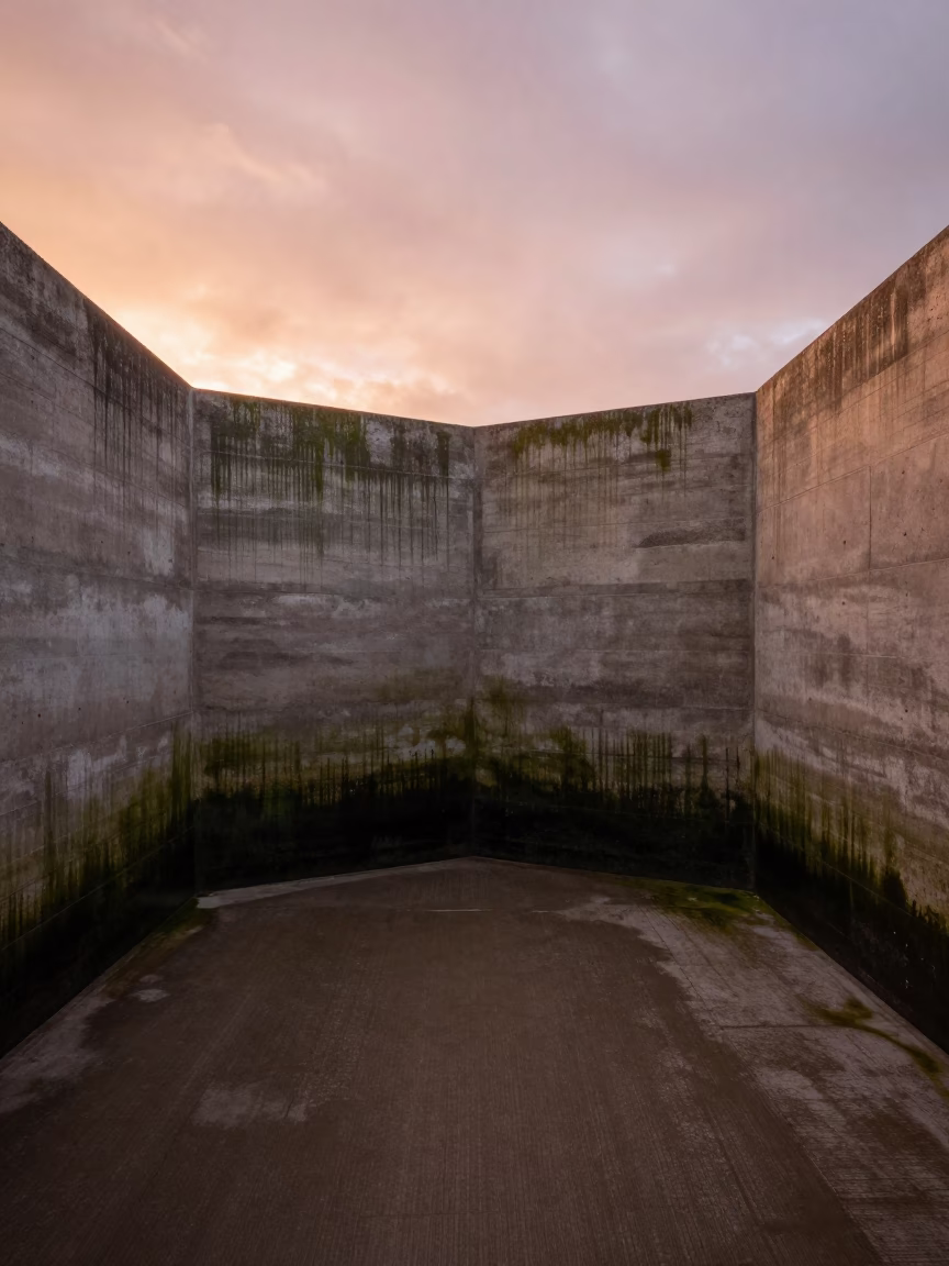 Christchurch New Zealand Floodgate Chamber Algae Streaked Concrete Walls Before Dusk in in Christchurch, New Zealand