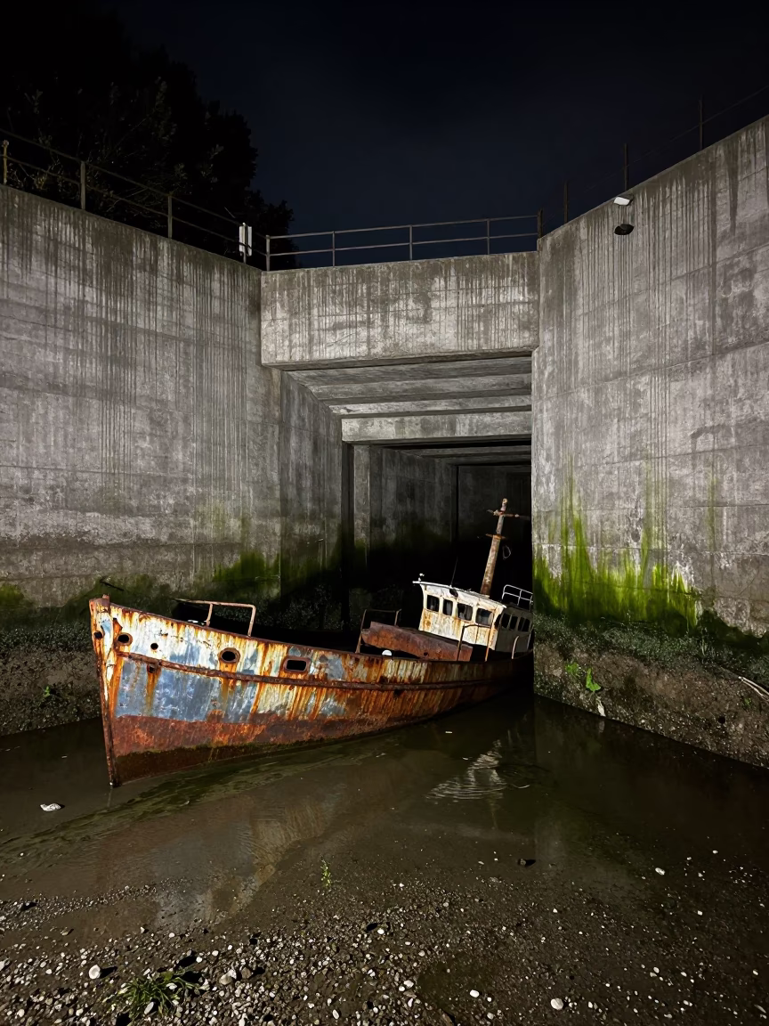 Christchurch New Zealand Floodgate Chamber Deep Night Algae Streaked Concrete Walls in in Christchurch, New Zealand