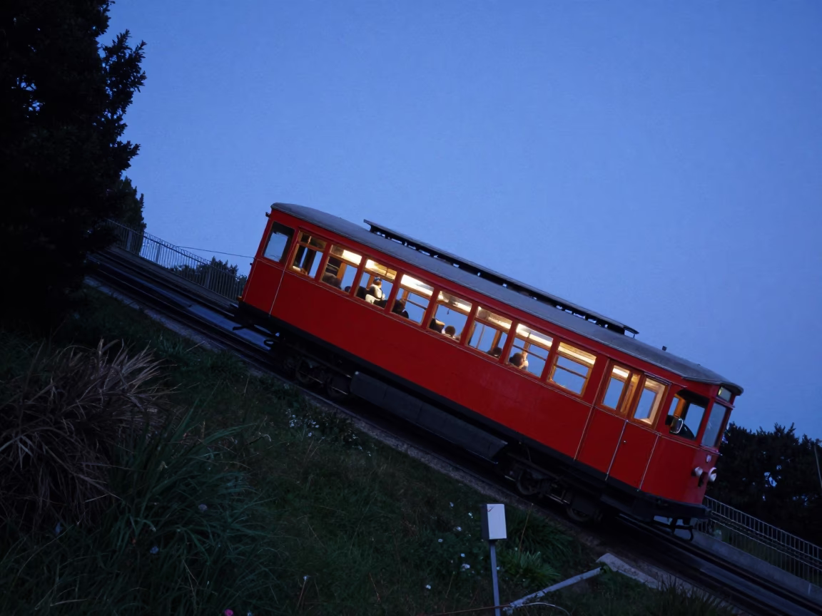 Christchurch New Zealand Funicular Climbing steep hill in indigo twilight in in Christchurch, New Zealand