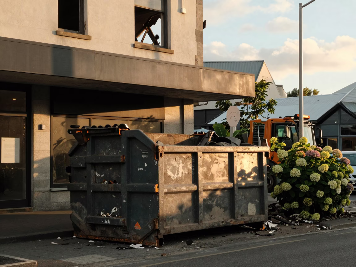 Christchurch New Zealand Golden Hour Street Scene with Demolition Dumpster and Hydrangea Bush in in Christchurch, New Zealand