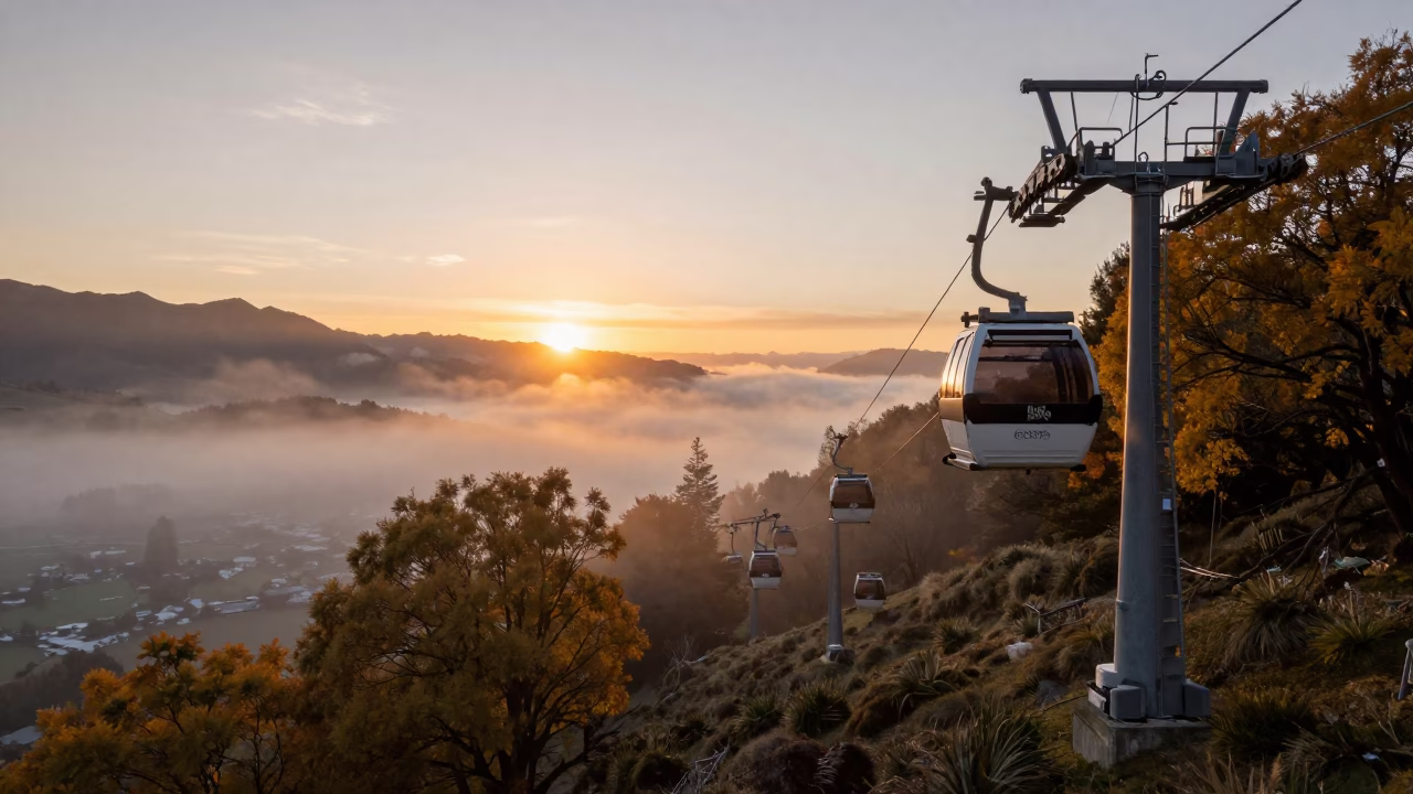 Christchurch New Zealand Gondola Lift Ascending Through Autumn Mist at Sunset in in Christchurch, New Zealand