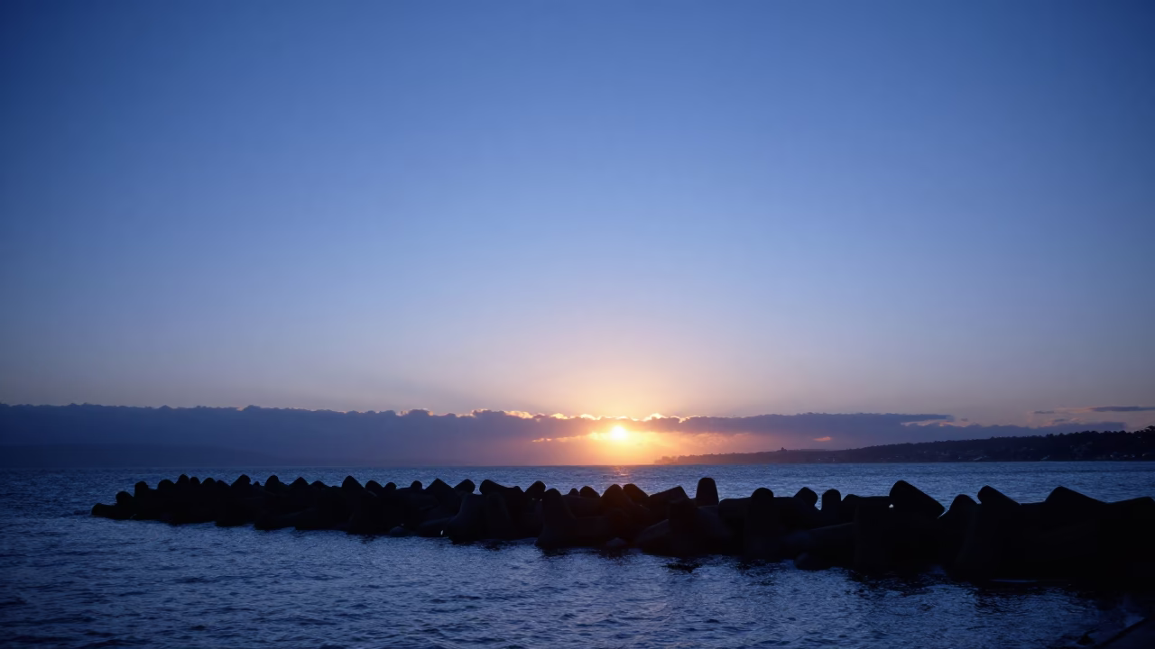 Christchurch New Zealand Harbor Breakwater Sunset Blue Hour Realistic Photograph in in Christchurch, New Zealand