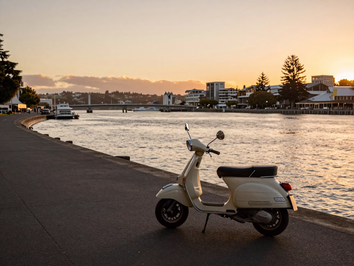 Christchurch New Zealand Harbor Promenade Scooter at Sunset in in Christchurch, New Zealand