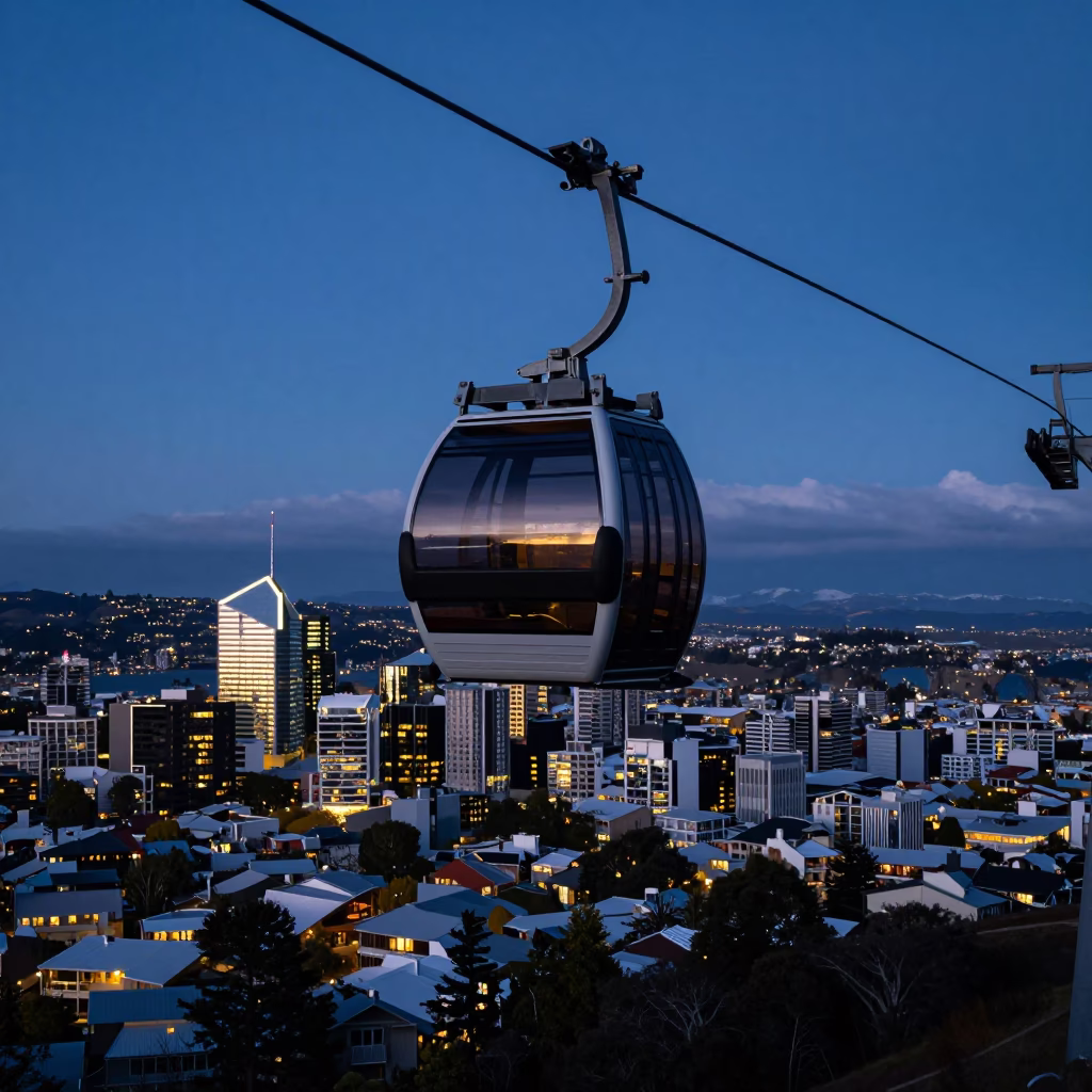 Christchurch New Zealand Indigo Twilight Aerial Tramway Gondola Against City Skyline in in Christchurch, New Zealand