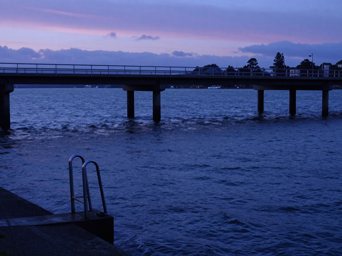 Christchurch New Zealand Indigo Twilight Bridge Pier Ladder Estuary Water in in Christchurch, New Zealand