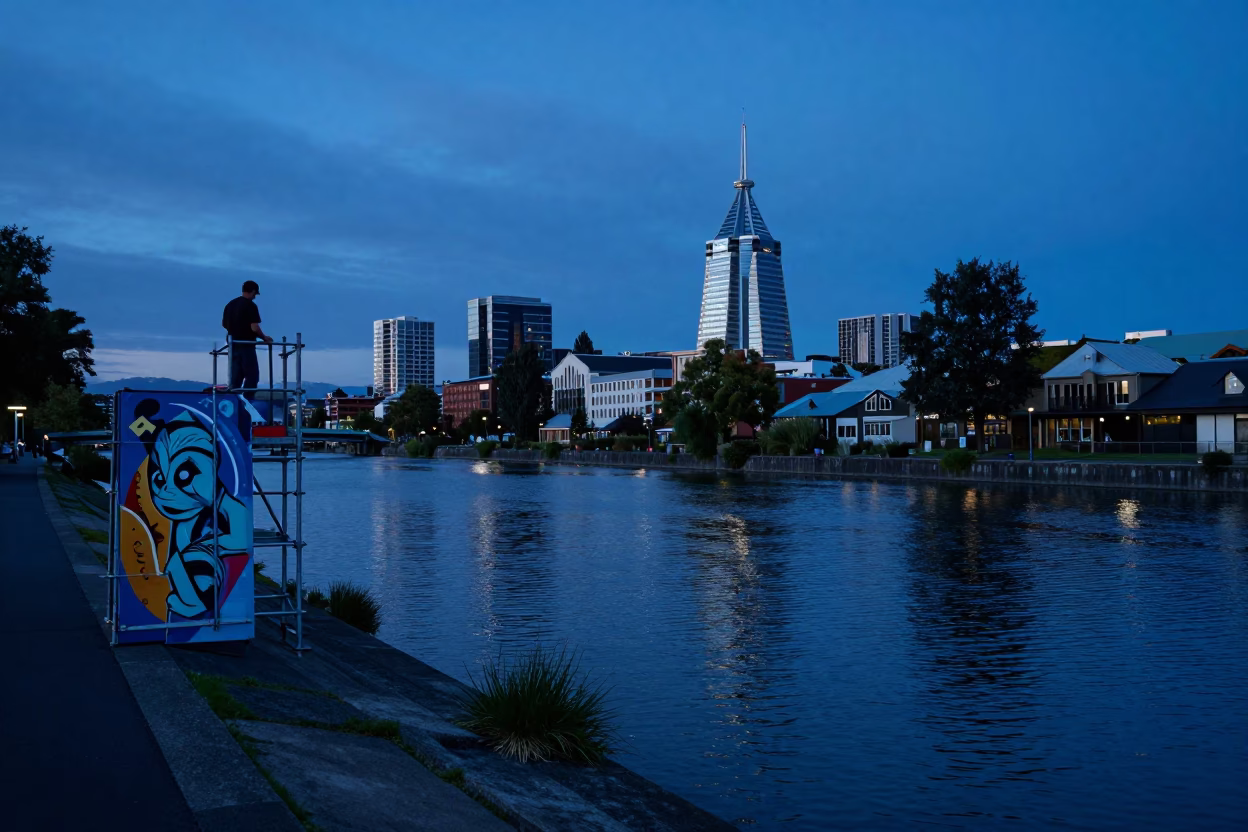 Christchurch New Zealand Indigo Twilight Riverside Scene with Muralist Scaffolding and Urban Waterfront in in Christchurch, New Zealand