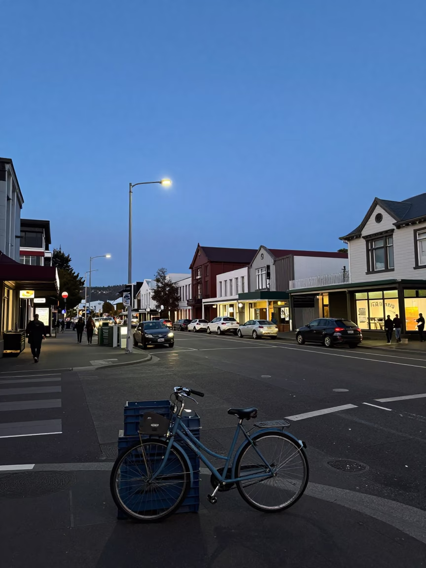 Christchurch New Zealand Indigo Twilight Street Scene with Bicycle and Crate in in Christchurch, New Zealand