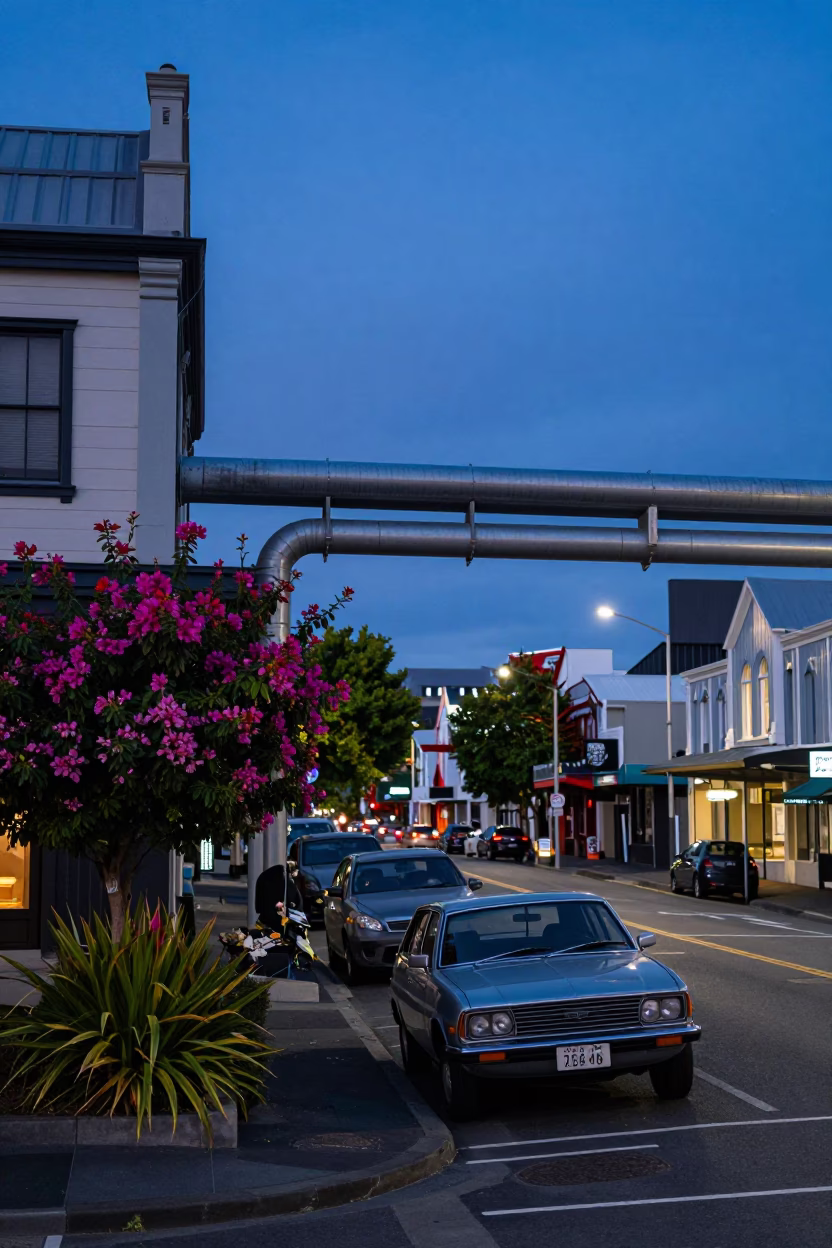 Christchurch New Zealand Indigo Twilight Street Scene with Flowering Plants and Urban Architecture in in Christchurch, New Zealand