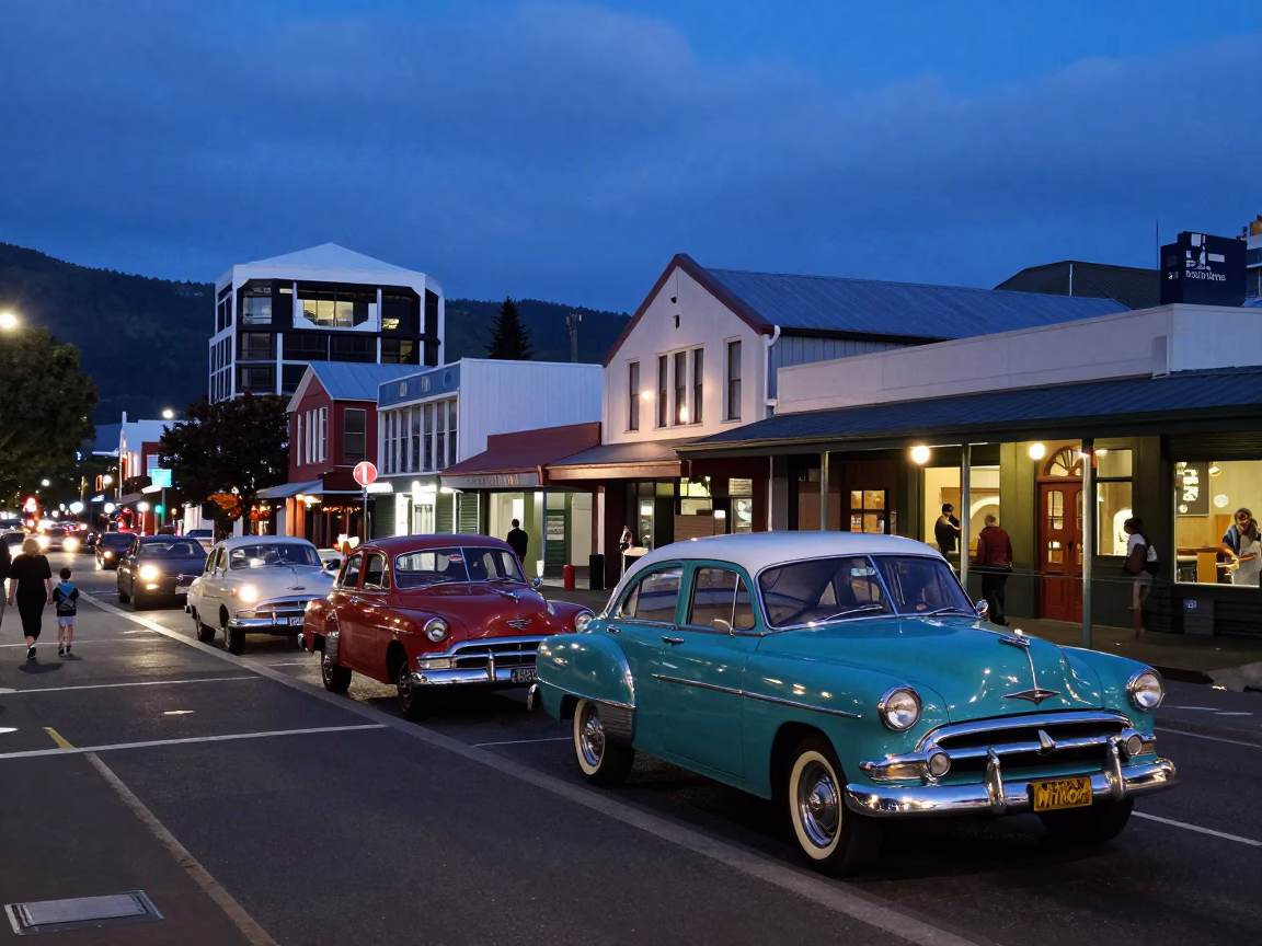 Christchurch New Zealand Indigo Twilight Street Scene with Vintage 1950s Atmosphere in in Christchurch, New Zealand