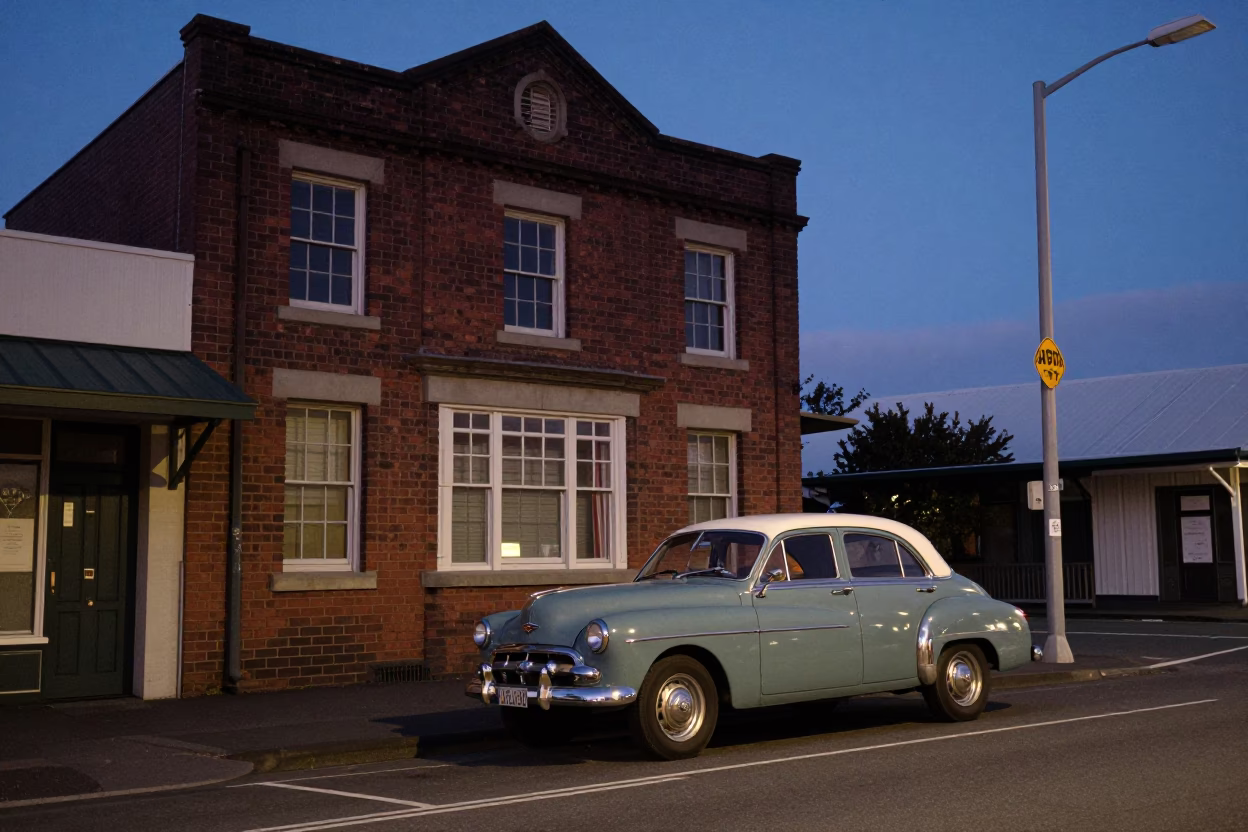 Christchurch New Zealand indigo twilight street scene with vintage 1950s details in in Christchurch, New Zealand