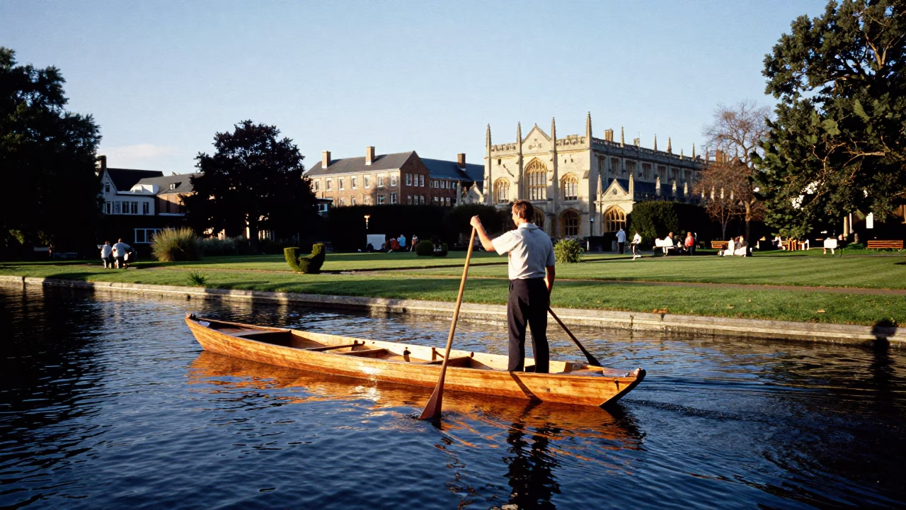 Christchurch New Zealand late afternoon punt poling past historic college gardens on Avon River in in Christchurch, New Zealand
