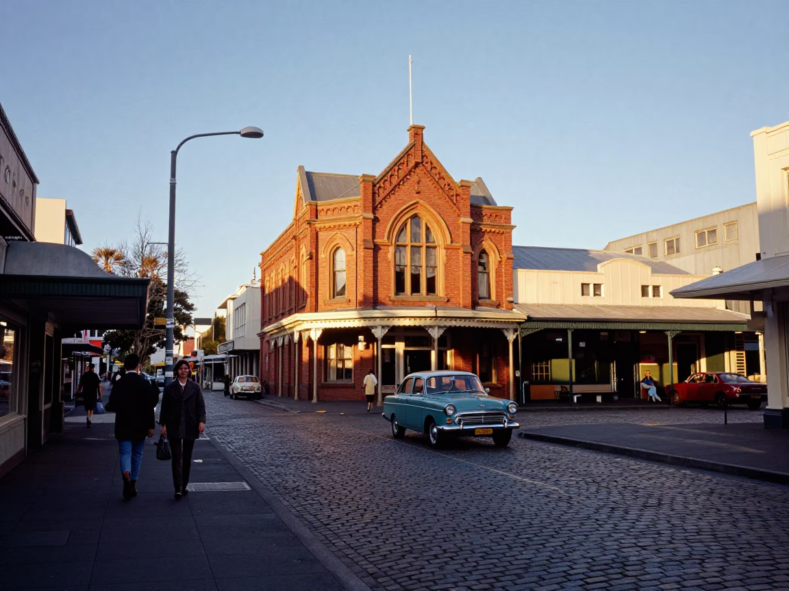 Christchurch New Zealand Late Afternoon Street Scene with Vintage 1960s Charm and Local Life in in Christchurch, New Zealand