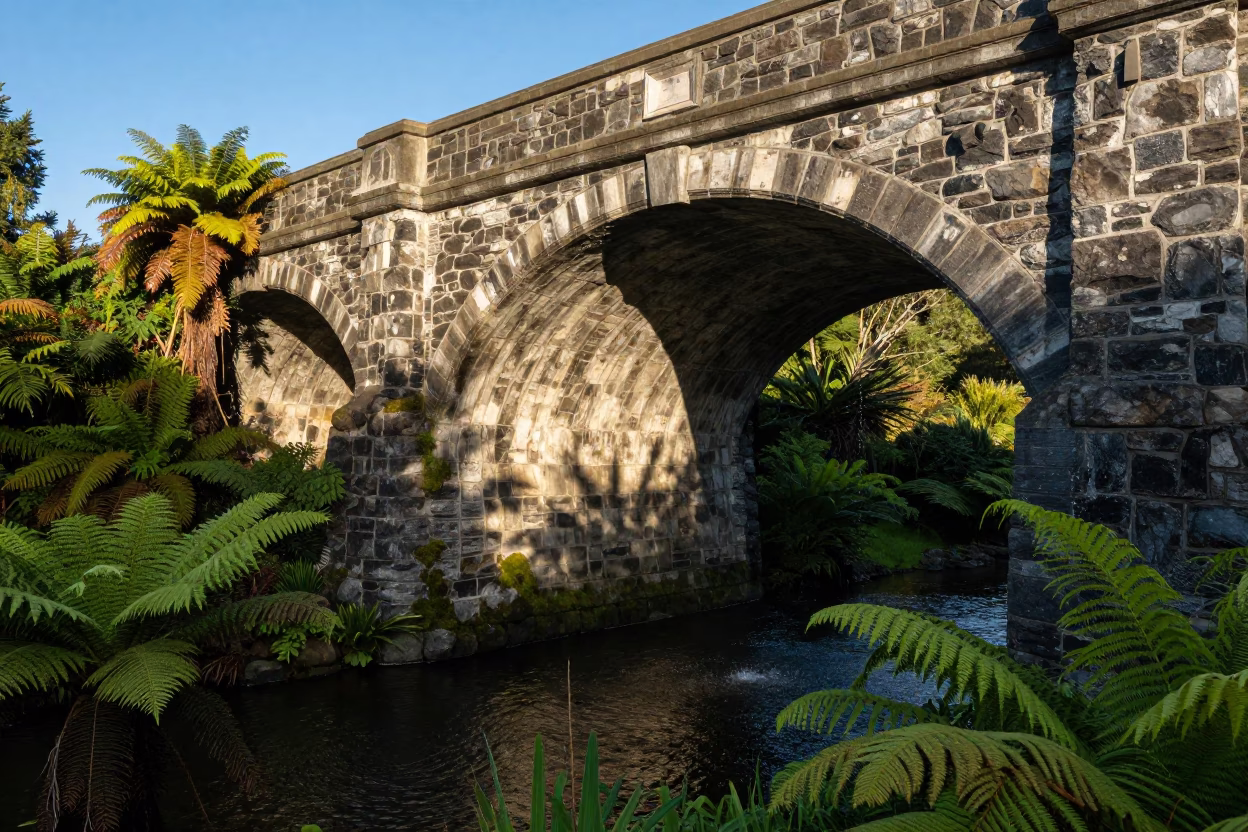 Christchurch New Zealand Late Afternoon Viaduct Arch Undercroft Dripping Onto Ferny Stone in in Christchurch, New Zealand